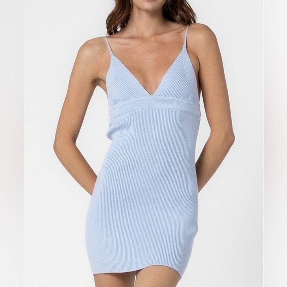 Light Blue Ribbed Knit Cami Mini Dress - Picture 1 of 5